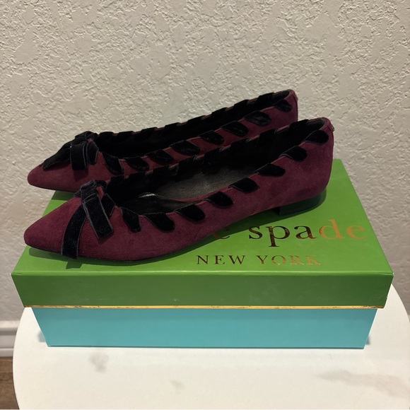 kate spade Shoes - kate spade Burgundy Suede Pointed-Toe Flats with Black Ribbon Trim